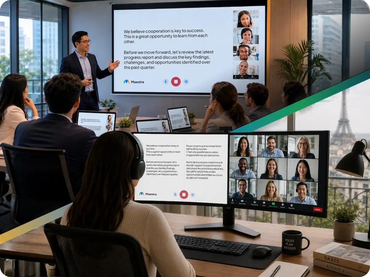 Hybrid event with in-person and remote attendees following translation in real time